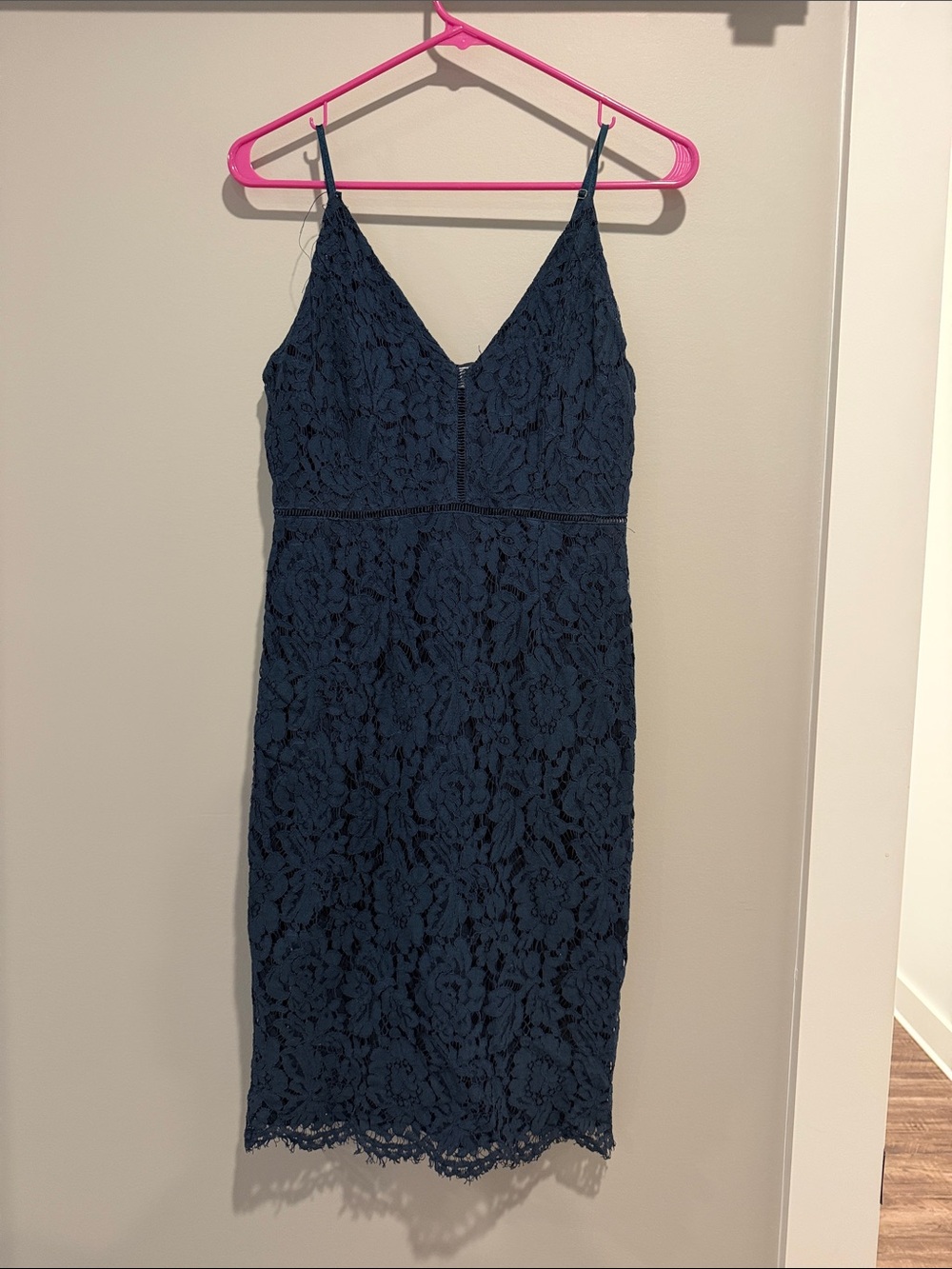 Astr Navy Lace V-Neck Midi Dress with Spaghetti Straps